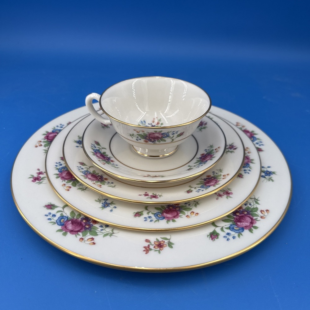 Lenox Rose J-300 5 Pc Place Setting Floral Gold Trim China Made USA Vintage